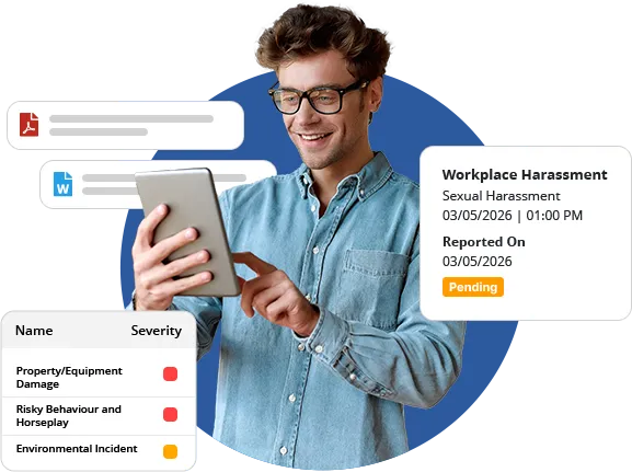 User Submitting A Report From A Mobile Phone, Tablet, And Desktop Computer.